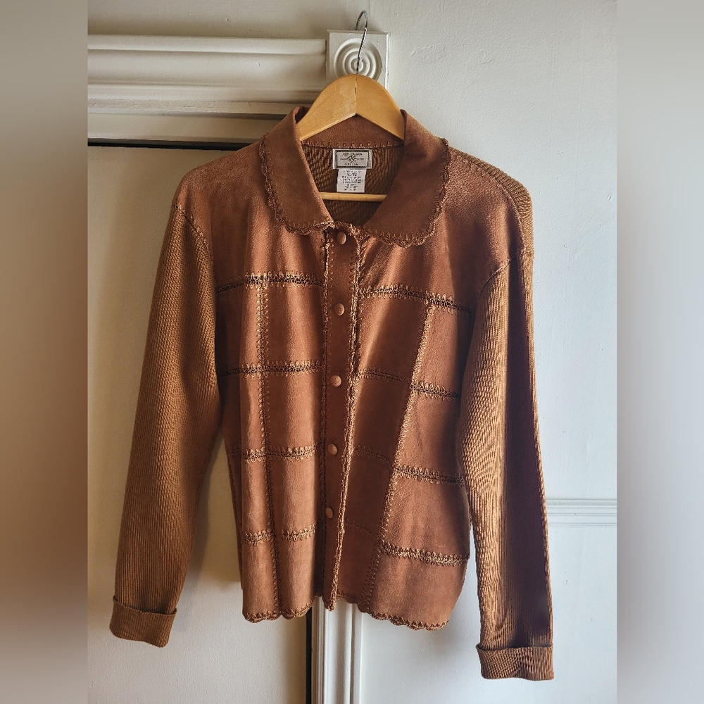 Vintage Leather Brown Button Front Jacket with Scalloped Trim